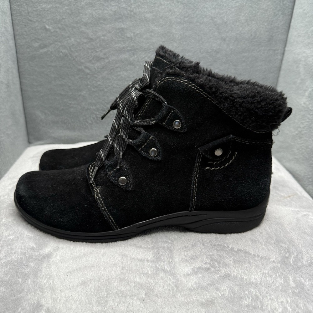 Earth Origins Cooper Womens 9M Black Suede Leather Lace Up Ankle Boots Fur Trim